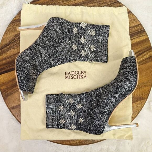 Badgley Mischka Viva Peep Toe Sock Bootie Heels Women’s Size 6.5 Black Silver - Picture 12 of 15